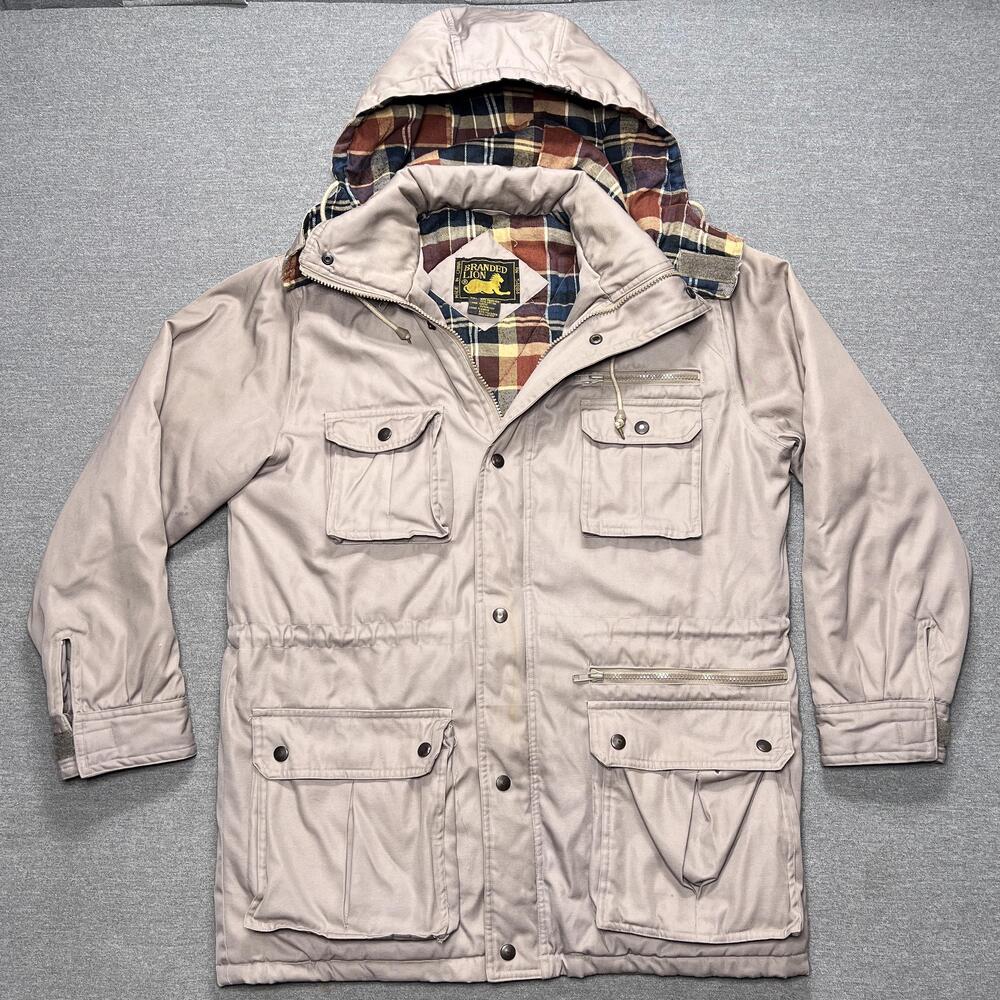 Vintage Flannel Lined Jacket Mens Medium Beige Hooded Parka Branded Lion 80s